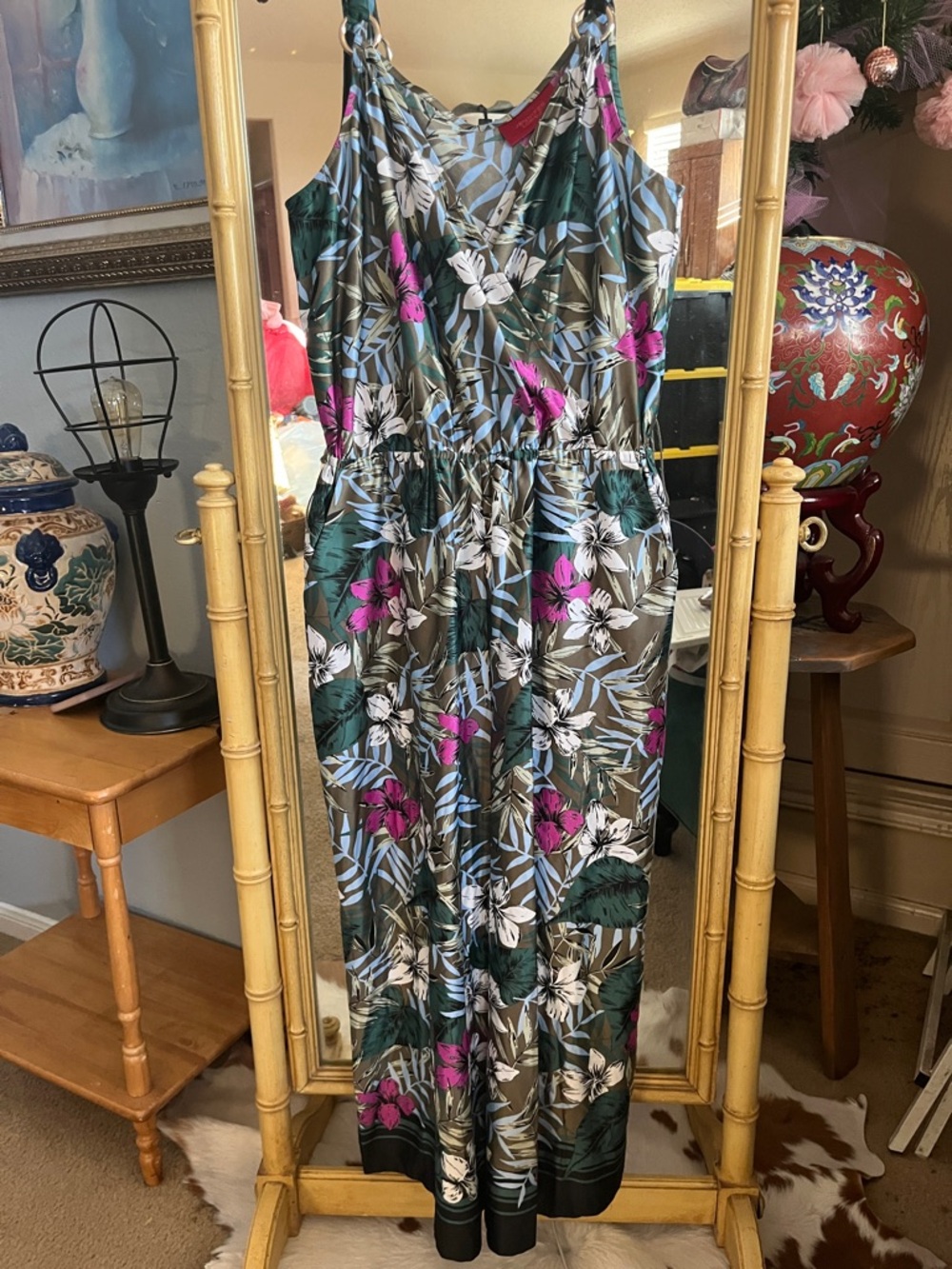 Floral Tropical Utility Jumpsuit - Olive with Pink & White Floral